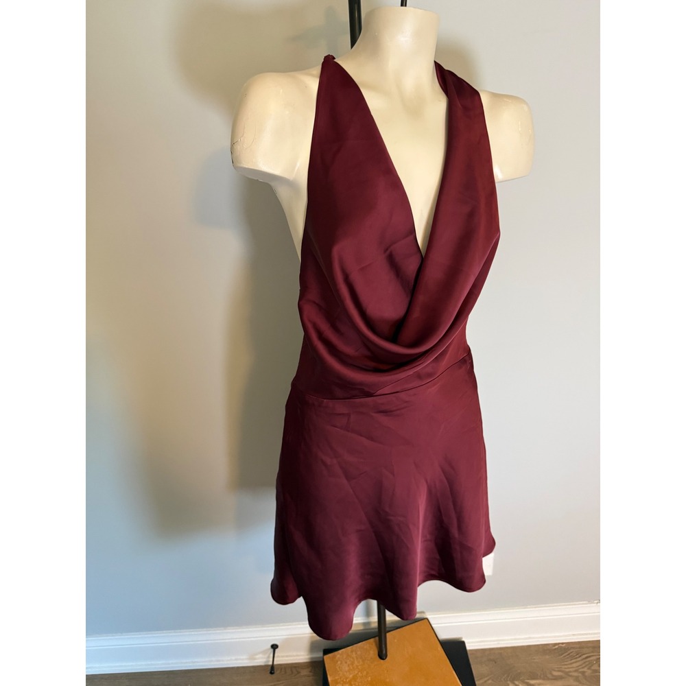 Princess Polly Burgundy Cowl Neck Halter Mini Dress Open Back Satin Wine Red 8